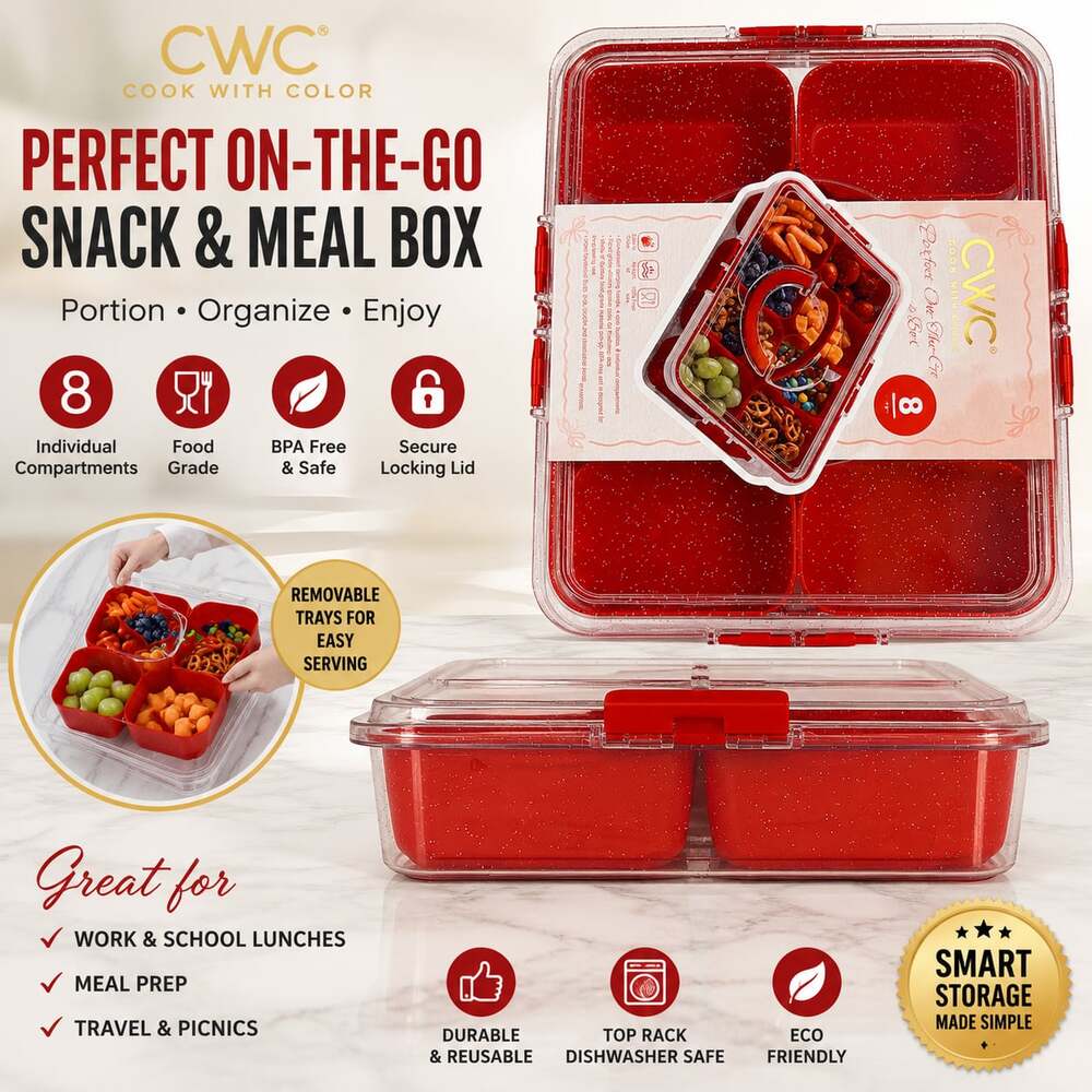 CWC Cook With Color 8 Compartment Snack Box Lunch Container BPA Free Red New - Picture 1 of 5